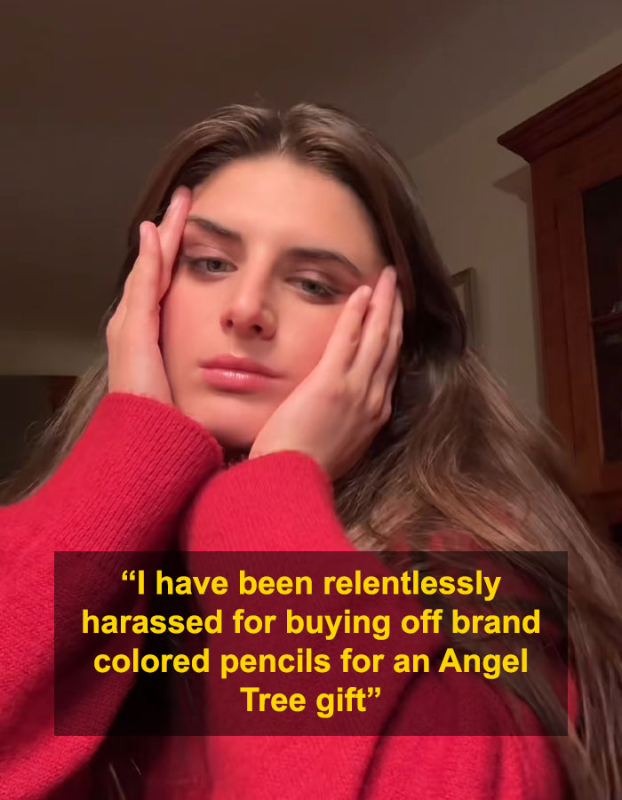 Woman in red sweater looking upset after backlash for buying dollar store items for child's Angel Tree gift. Woman in red sweater looking upset after backlash for buying dollar store items for child's Angel Tree gift.