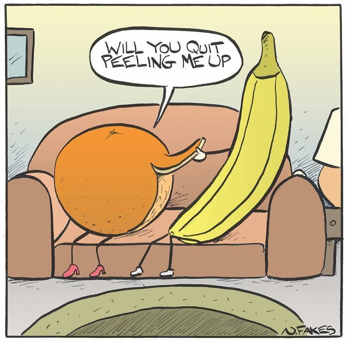 Comic by Nate Fakes showing an orange and a banana on a couch with a funny relatable peel pun.