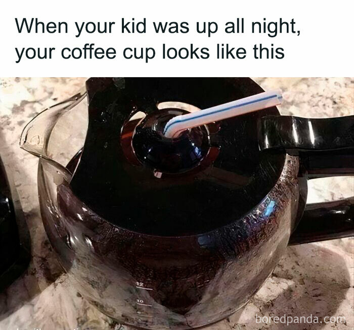 Coffee pot with a straw inserted, humorously illustrating funny and savage parenting memes about tired parents.