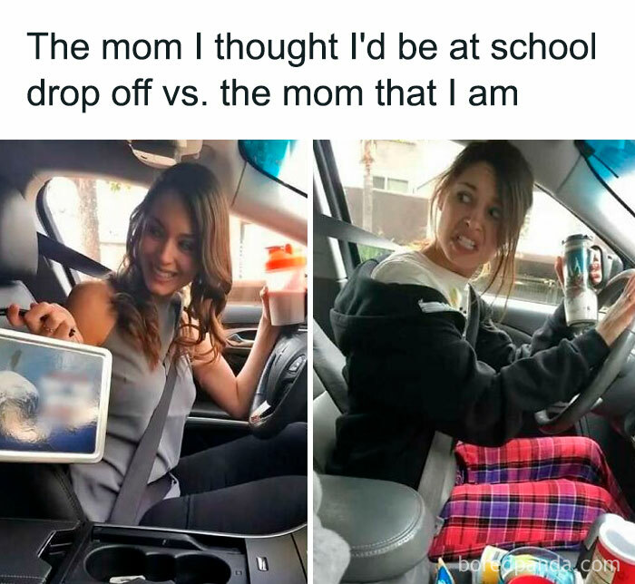 Comparison of a perfect mom versus a stressed mom at school drop off, showcasing funny and savage parenting memes.