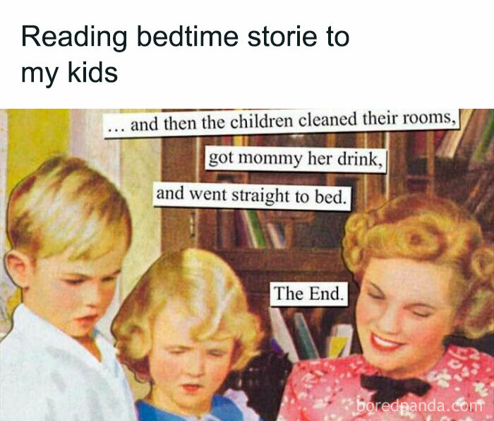 Vintage-style image of a mother reading funny and savage parenting memes about bedtime stories to her kids.