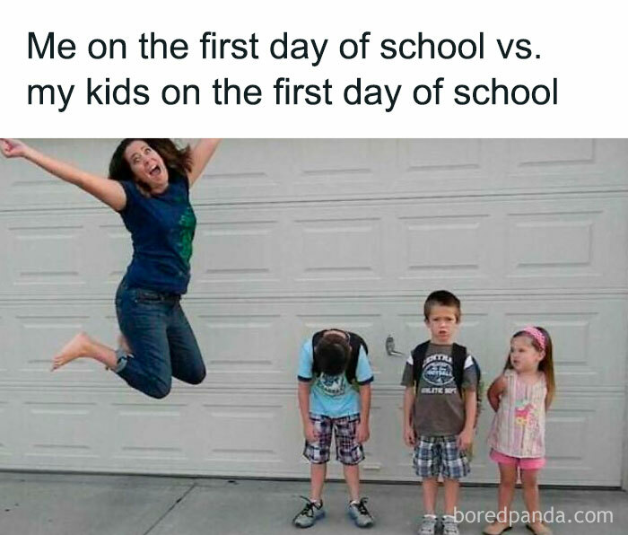Funny and savage parenting meme showing excited mom jumping and three kids looking tired on first day of school.