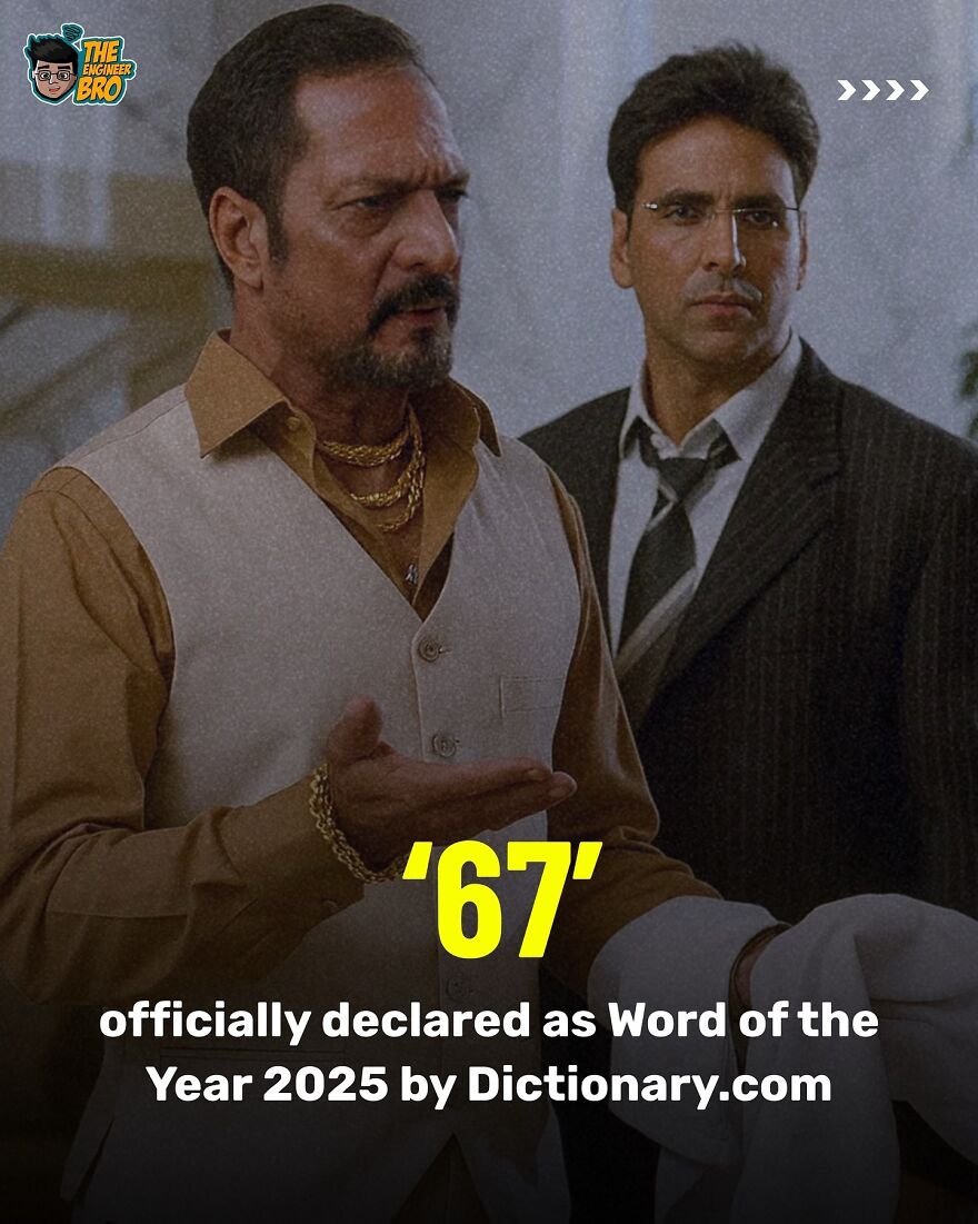 Two men in formal attire discussing a popular moment from 2025 pop culture, highlighting the word '67' as Word of the Year.