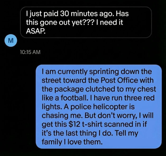 Text message exchange showing a humorous Vinted conversation about urgently sending a package with funny unhinged posts.