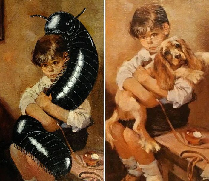 Side-by-side thrifted painting of a boy holding a dog and a humorous oversized black insect in place of the dog.
