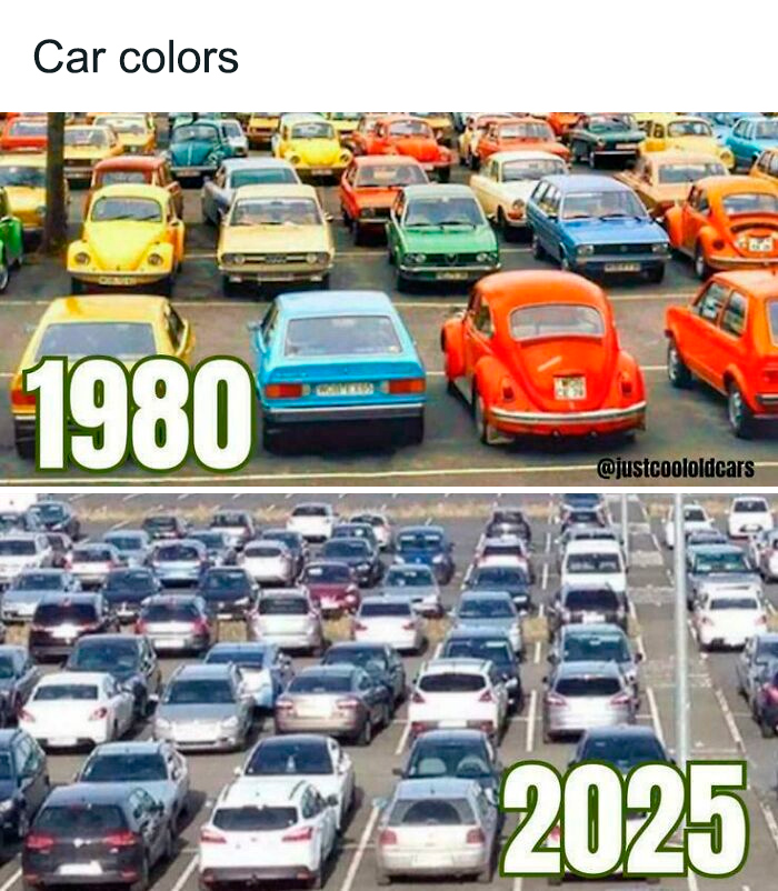 Comparison of car colors from 1980 showing vibrant hues versus 2025 with mostly white and gray cars in parking lots.