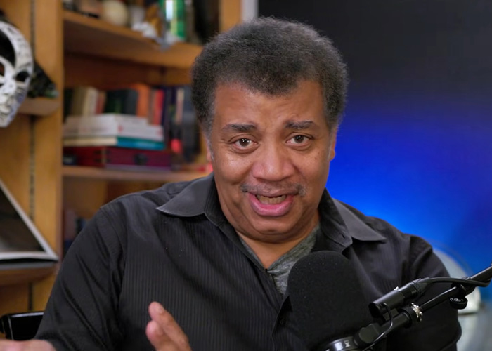 Neil deGrasse Tyson speaking about the gender of Santa&rsquo;s reindeer Rudolph in a casual indoor setting.
