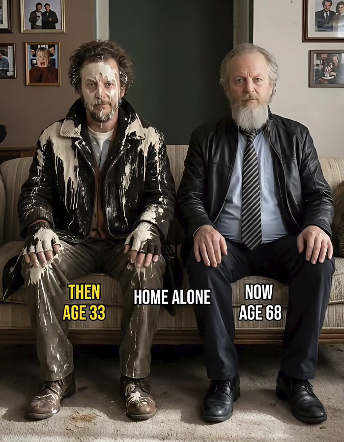 Two men sitting on a couch side by side, depicting then and now with Home Alone theme showing aging transition.