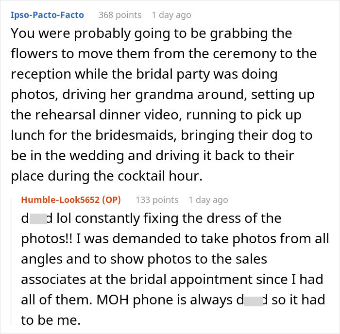 Text conversation about wedding dress shopping struggles and friendship challenges during bridal appointments.