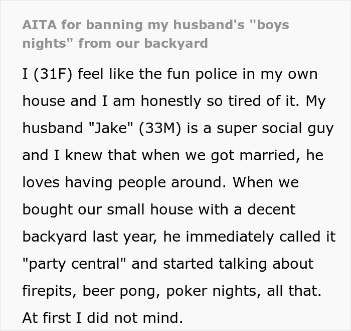 Text excerpt about woman shutting down boys’ nights at their house due to frustration with husband's social gatherings. Text excerpt about woman shutting down boys’ nights at their house due to frustration with husband's social gatherings.