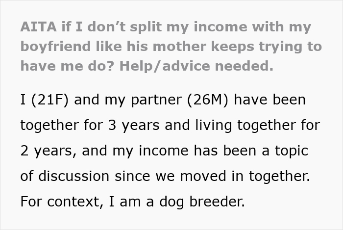 Text post discussing an entitled mother who demands expenses be split between son and girlfriend. Text post discussing an entitled mother who demands expenses be split between son and girlfriend.