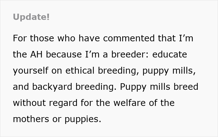 Text update explaining ethical breeding, puppy mills, and backyard breeding to clarify a mother-son-girlfriend expense split dispute. Text update explaining ethical breeding, puppy mills, and backyard breeding to clarify a mother-son-girlfriend expense split dispute.