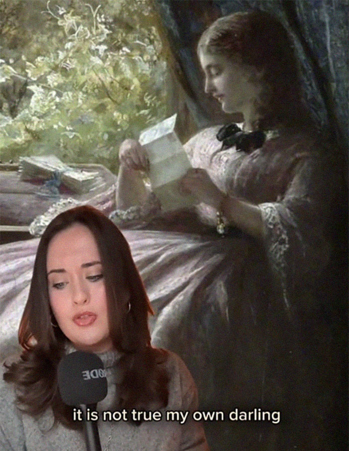 A woman speaking into a microphone with a Victorian painting of a girl reading a letter in the background. A woman speaking into a microphone with a Victorian painting of a girl reading a letter in the background.