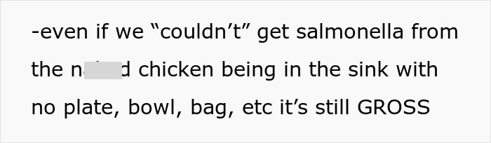 Text discussing concerns about chicken preparation and the risk of salmonella contamination in kitchen hygiene. Text discussing concerns about chicken preparation and the risk of salmonella contamination in kitchen hygiene.