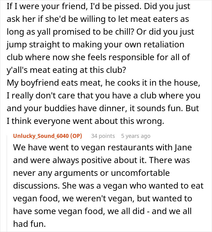 Screenshot of a Reddit discussion where an employee pushes back against a vegan-only club and starts a literal beef debate. Screenshot of a Reddit discussion where an employee pushes back against a vegan-only club and starts a literal beef debate.