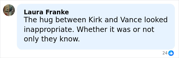 Comment by Laura Franke discussing the hug between Erika Kirk and JD Vance amid marriage speculation and viral reactions.