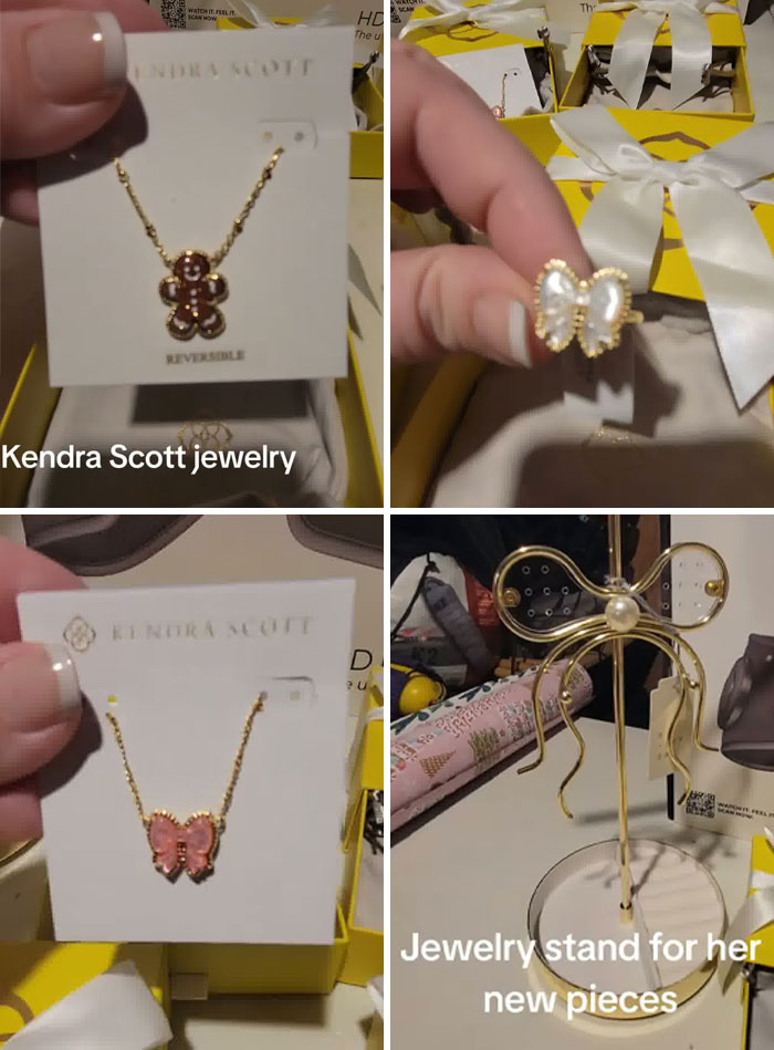 Christmas gift haul showing Kendra Scott jewelry and a jewelry stand for daughter’s new pieces.