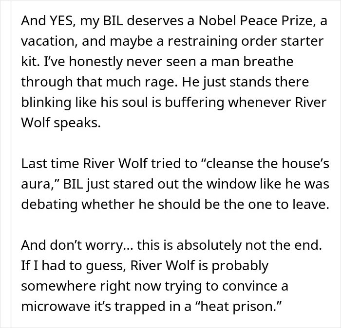 Text excerpt describing sister’s barefoot spiritual advisor causing comical chaos at Thanksgiving and tension with brother-in-law.
