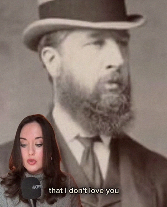 Woman reading a letter from worst Victorian boyfriend with a vintage portrait of a bearded man wearing a hat in the background. Woman reading a letter from worst Victorian boyfriend with a vintage portrait of a bearded man wearing a hat in the background.