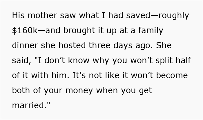 Text discussing an entitled mother asking to split expenses with her son’s girlfriend after seeing saved money. Text discussing an entitled mother asking to split expenses with her son’s girlfriend after seeing saved money.