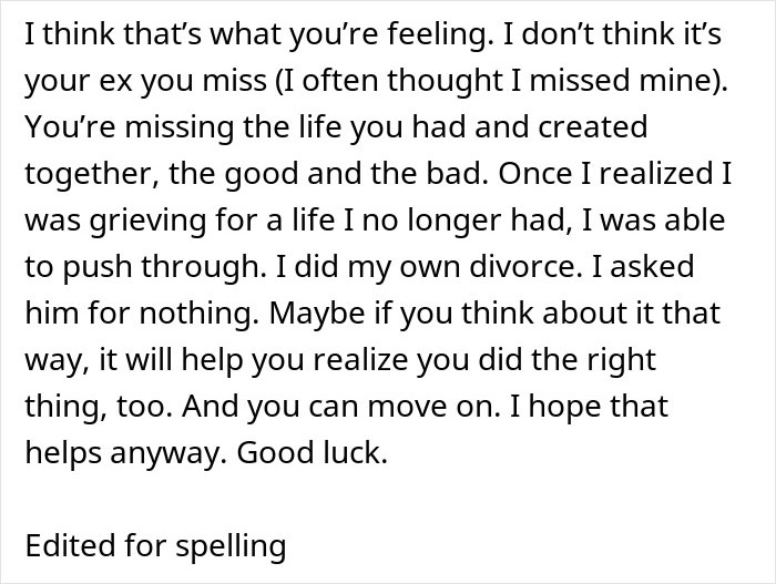 Text excerpt reflecting a woman’s reality check and coping after regretting a divorce and moving on. Text excerpt reflecting a woman’s reality check and coping after regretting a divorce and moving on.
