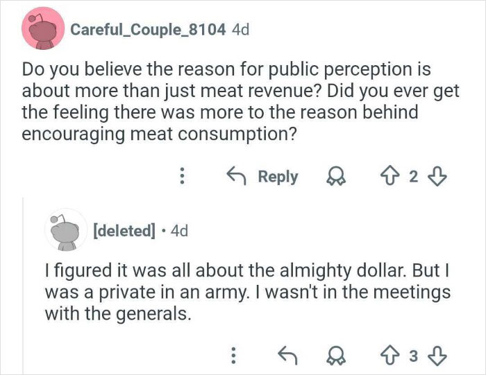 Reddit exchange about meat consumption revenue and insider views from ex-employee discrediting veganism online.