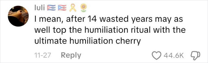 Comment expressing frustration about a woman's proposal to her boyfriend after 14 years, sparking strong reactions online. Comment expressing frustration about a woman's proposal to her boyfriend after 14 years, sparking strong reactions online.