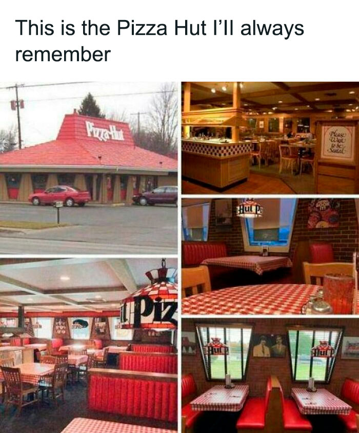 Vintage Pizza Hut exterior and interior with red booths and checkered tablecloths, nostalgic items reminding of creaking joints years ago