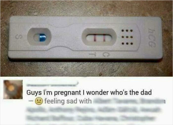 Pregnancy test showing positive result paired with a confusing social media post about wondering who the dad is.