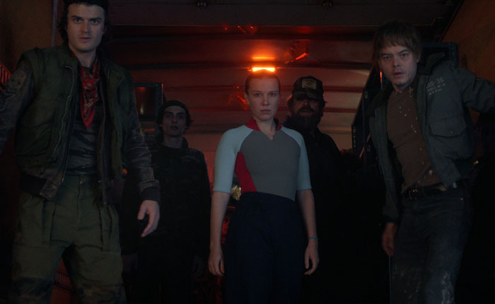 Stranger Things 5 cast in a dark corridor scene receiving comically bad and cringe reactions online from viewers.