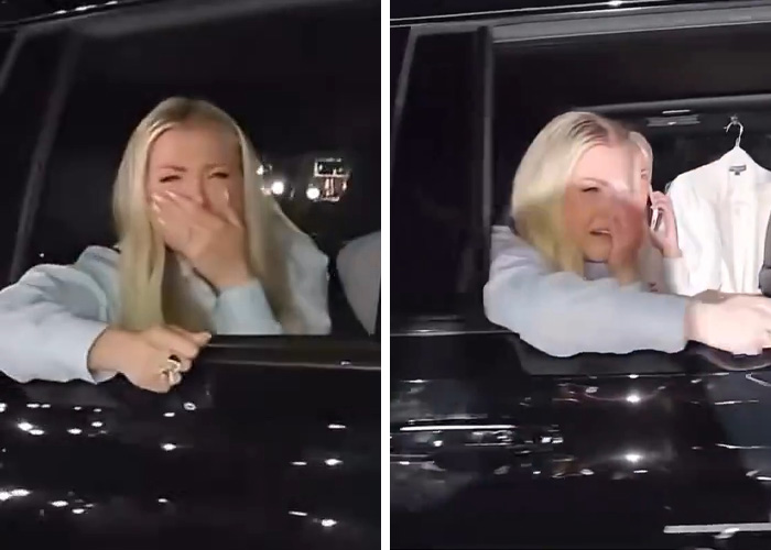 Erika Kirk reacting emotionally inside a car at night, highlighting controversial acts since husband Charlie passed.