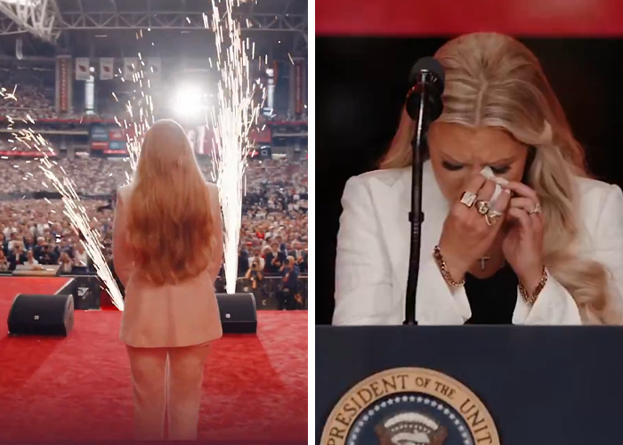 Erika Kirk on stage with fireworks and emotional moment at a podium, highlighting wild acts after husband Charlie passed.