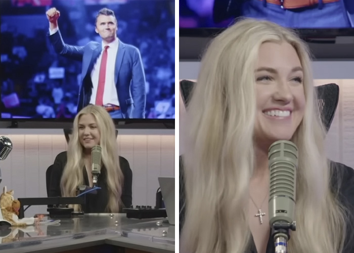 Erika Kirk speaking into a microphone during a podcast, smiling and sharing candid moments about her life.