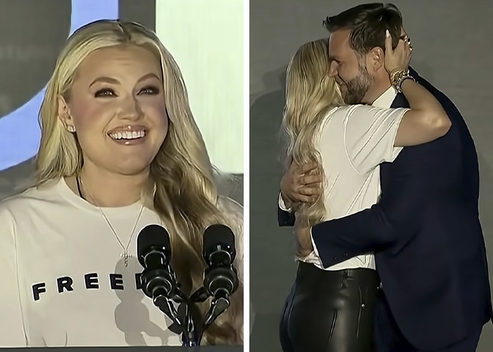 Erika Kirk speaking at a podium and hugging a man, highlighting wild acts that got her slammed after husband Charlie passed.