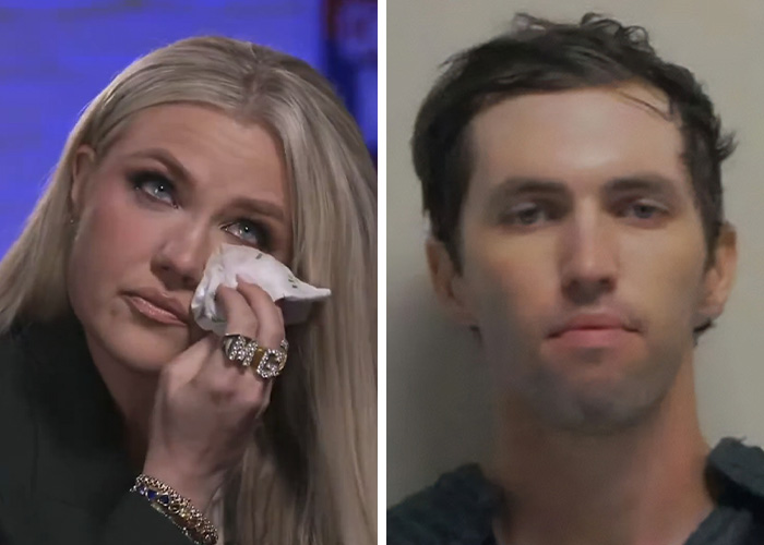 Erika Kirk wiping tears during an interview alongside a serious photo of her late husband Charlie.