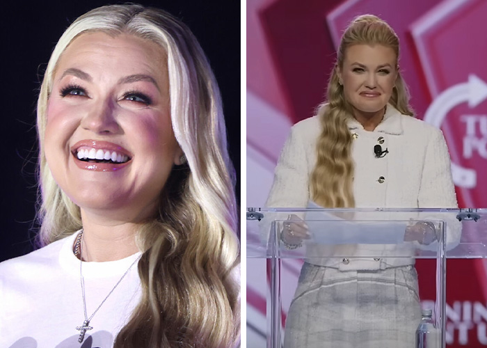 Erika Kirk smiling with long blonde hair and speaking at a podium in a white outfit during a public event.
