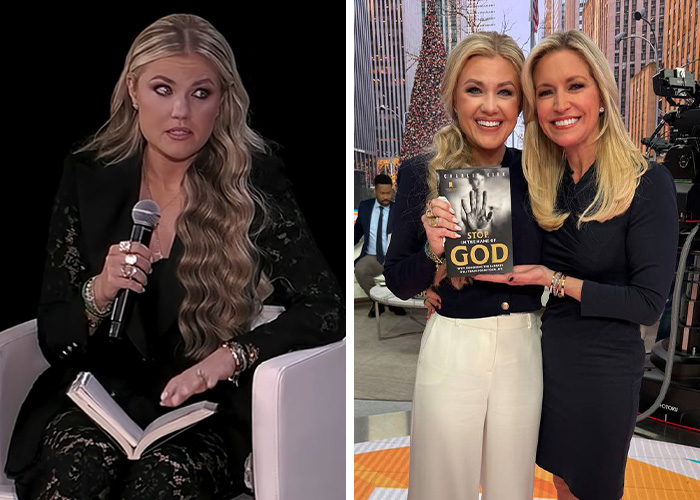 Erika Kirk speaking at an event holding a microphone and posing with a woman while holding a book about faith and God.