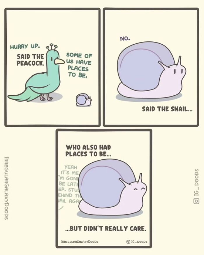Cute comic panels by Irregular Galaxy Doods showing a peacock rushing and a relaxed snail ignoring time.