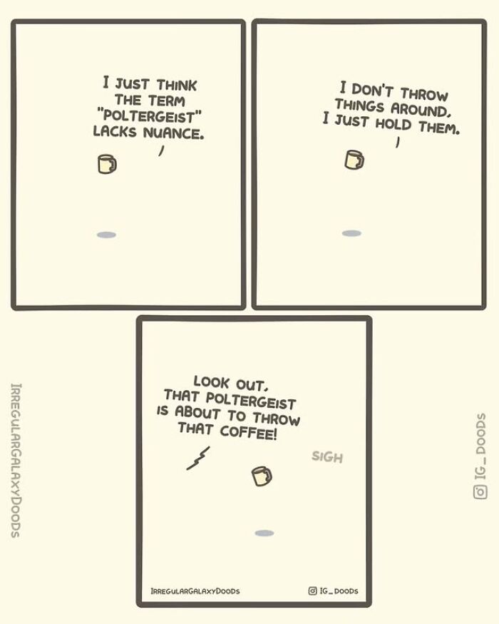Comic panels from Irregular Galaxy Doods showing a humorous take on poltergeist and coffee cup movement.