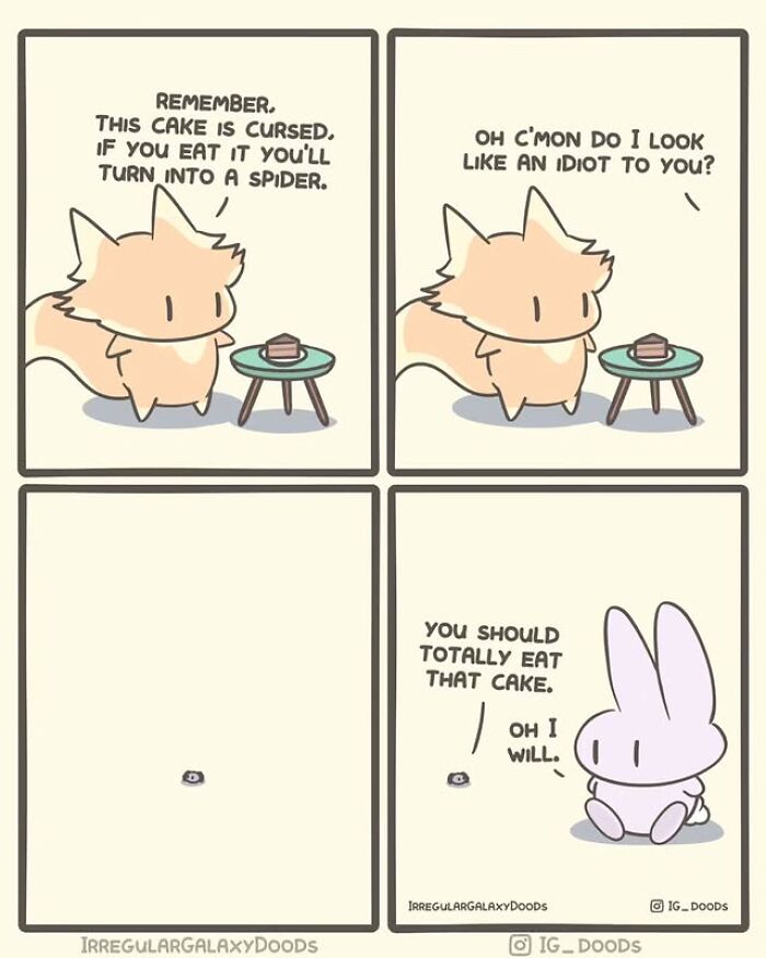 Cute comic by Irregular Galaxy Doods featuring a fox and bunny discussing a cursed cake with humorous dialogue.