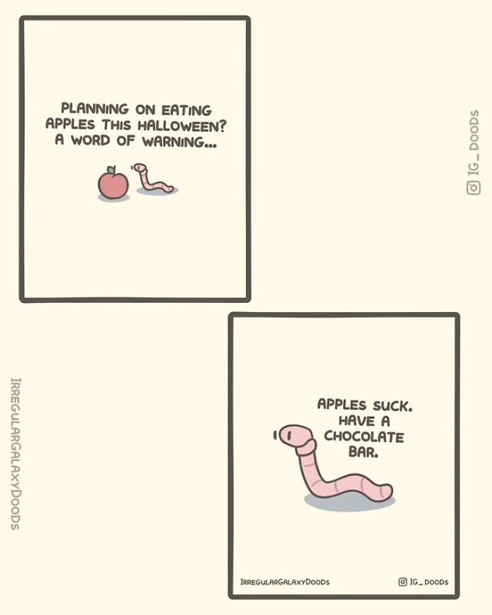 Cute comic panels by Irregular Galaxy Doods featuring a worm giving a funny Halloween warning about apples.