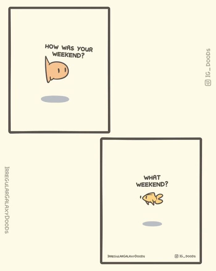 Cute comic panels by Irregular Galaxy Doods showing a fish asking about the weekend in a simple style.