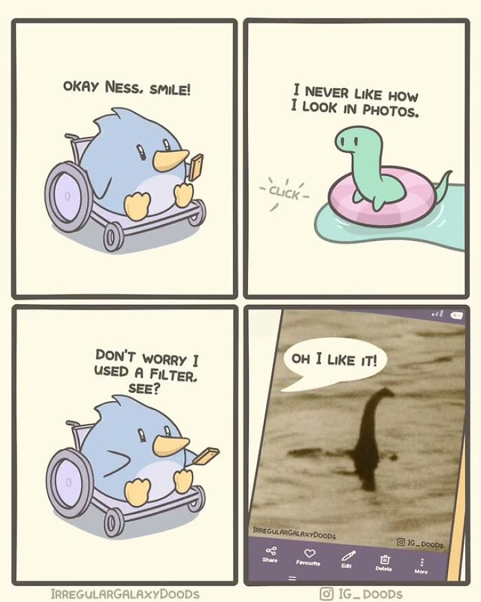 Cute comic by Irregular Galaxy Doods shows a penguin and dinosaur with a funny photo filter joke.