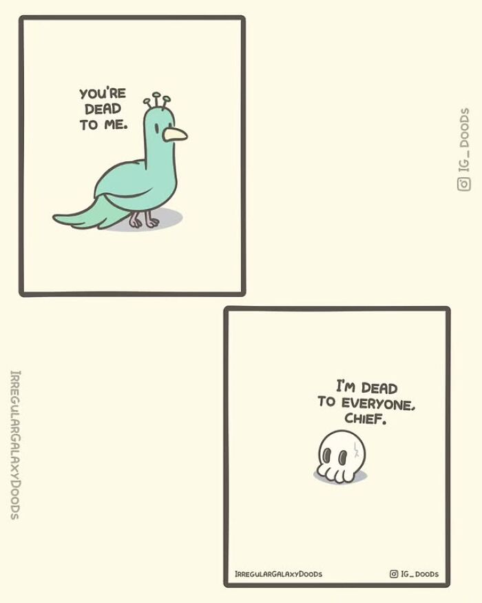 Cute comic panels from Irregular Galaxy Doods featuring a bird and a skull with playful dead-themed dialogue.