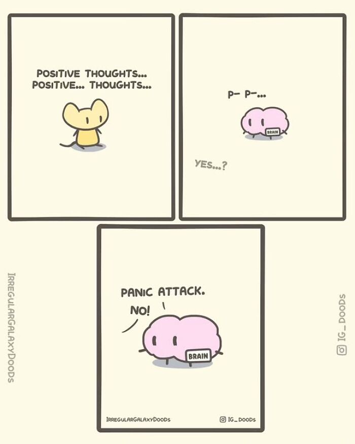 Cute comic by Irregular Galaxy Doods showing a character struggling with positive thoughts and a panic attack from the brain.