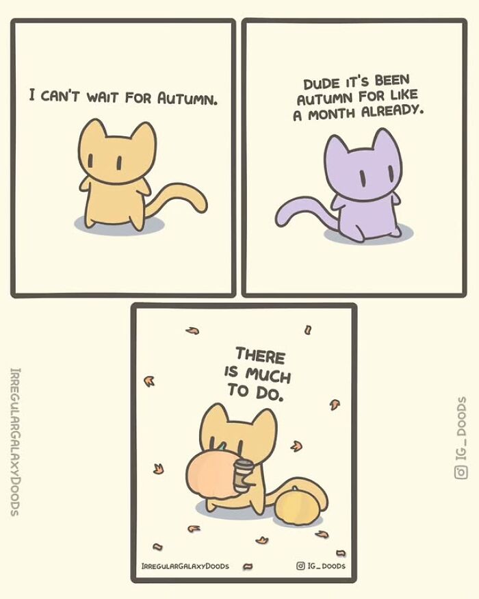 Cute comics by Irregular Galaxy Doods showing two cats talking about autumn and activities to do.