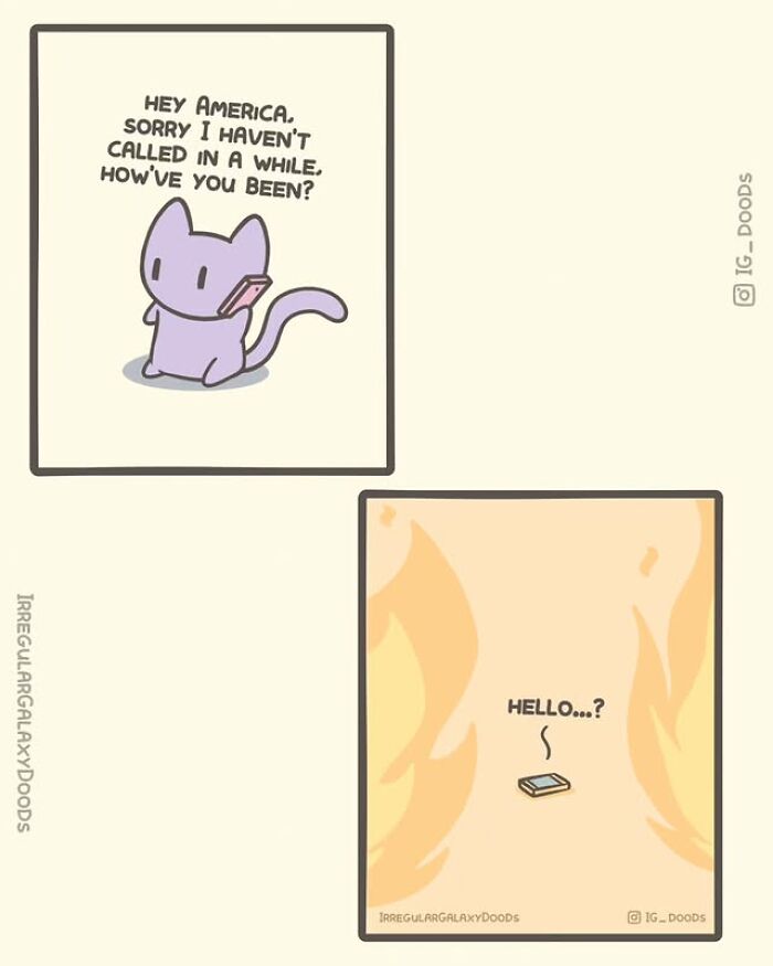 Purple cartoon cat holding phone saying sorry and phone lying in flames saying hello in cute comics by Irregular Galaxy Doods