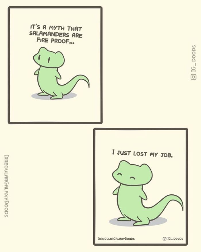 Two-panel wholesome comic by Irregular Galaxy Doods featuring a cute green salamander character with simple text.