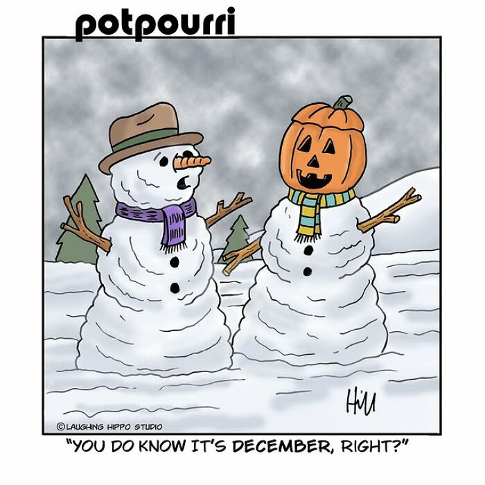 One-panel comic by Laughing Hippo Studio showing two snowmen, one with a pumpkin head, in a snowy outdoor scene.