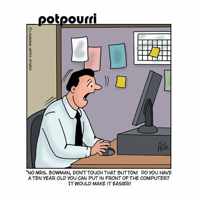 One-panel comic by Laughing Hippo Studio showing a man warning not to touch a computer button humorously.